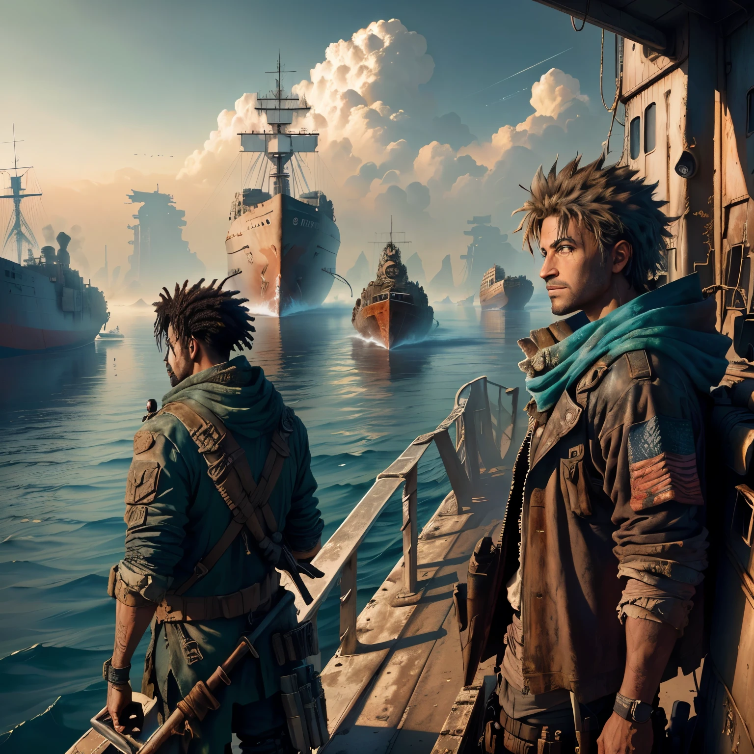 arafed image of a man standing on a boat looking at ships, post apocalyptic world, post apocalyptic view, post apocalyptic atmosphere, in a post-apocalyptic wasteland, post - apocalyptic world, postapocalyptic world, in a post apocalyptic setting, post apocalyptic scene, post apocalyptic wasteland, post apocalyptic landscape, postapocalyptic style, post - apocalyptic wasteland