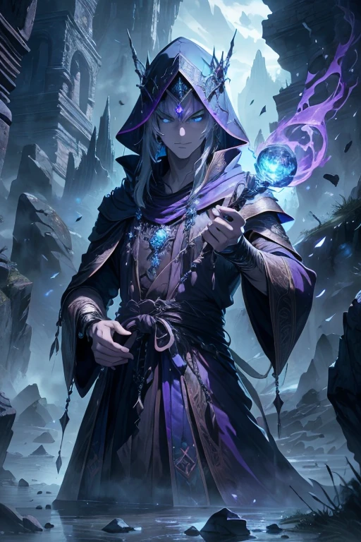 Majestic Male Sorcerer:
Exquisite facial features, Three-dimensional facial features, Perfect face, adorned with a silver enchanted crown, cloaked in a mystic robe of shimmering blues and purples, intricately patterned with runes and symbols of ancient power, wand in hand, emitting arcane energies, a gaze that pierces through the veil of reality, High-definition RAW color photo, Professional photo shoot, ethereal light, alone, standing atop a rocky cliff overlooking a vast forest, mysterious and cloaked in shadows, large, piercing, icy blue eyes, a small, sharp face with high cheekbones and a