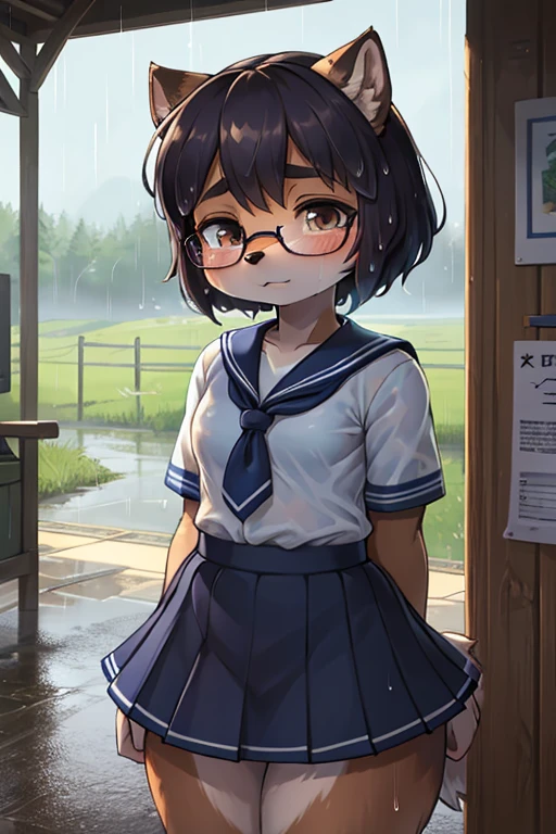 focus face , hairy racoon dog Short stature girl wearing black sports bra , (Short stature) , realistic hairy fur , round face , (tilt face:1.2) , Dull geek , (half-open eyes) , Swollen cheeks , glossy lips , flat chest , (look away:1.2) , eyewear, (neat white sailor uniform:1.1) , (see through black sports bra under uniform:0.9) , navy skirt , heavy rain , Rural bus stop , Rural Scenery , Take shelter from the rain , (Wet uniform:1.2)