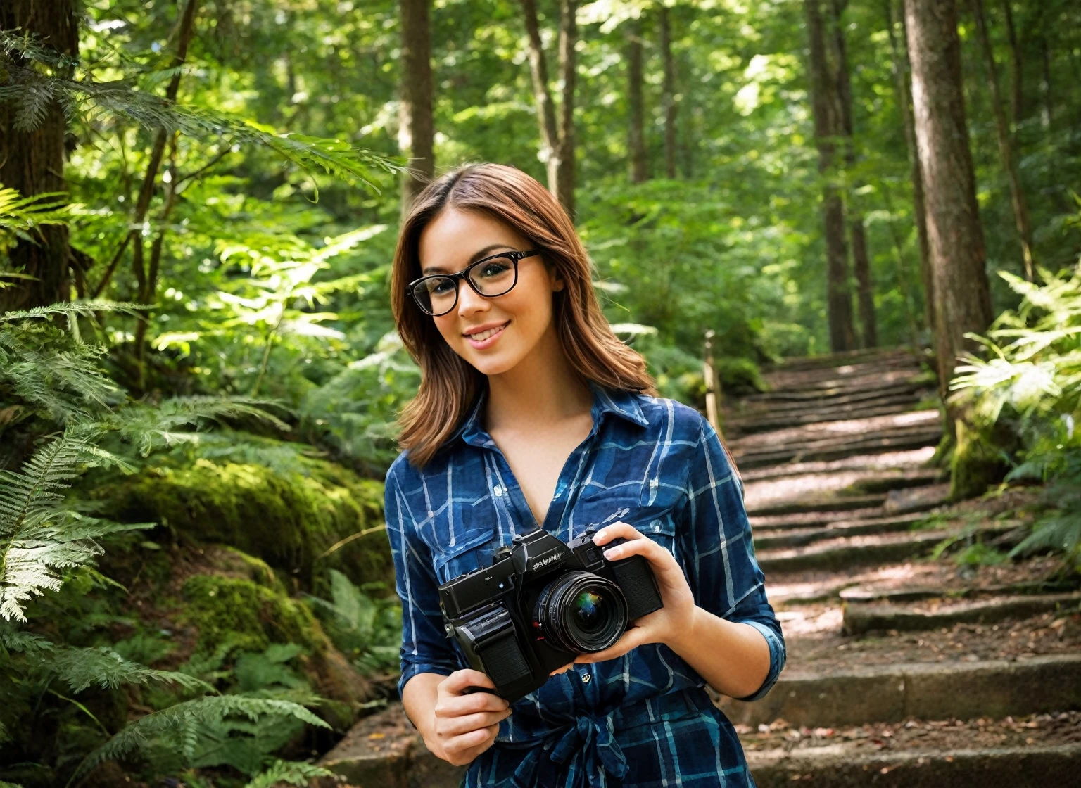 Beautiful woman, well postured, with an unparalleled beauty on her face, captivates and enchants anyone who looks at her; she wears rectangular animal print prescription glasses; beautiful dimples near the mouth, soft expression lines bringing more realism to the woman; your skin touched by sunlight makes the scene even more stunning. Her clothes are long and with mixed colors.
In the background, the ruins of an ancient temple with many entrances almost falling down, the scene is bathed by a dense forest with branches in the construction; next to the main scene, a solitary tree helps to adorn the woman's beauty.
To capture this extraordinary scene, it would be necessary to use the best camera available, equipped with high-resolution lenses and the ability to capture light in adverse conditions. A high-end digital medium format camera is recommended, such as the Phase One XF IQ4 150MP, capable of capturing incredible detail and vibrant colors even in low-light conditions. To compose the image, it would be ideal to use a wide-angle lens to capture the entire length of the launch platform and the sea in the background. The aperture of the diaphragm must be adjusted to allow enough light in while maintaining depth of field to ensure that both the woman and the scene are in focus. Furthermore, the use of advanced post-processing techniques would be essential to enhance image details, adjust exposure, and balance colors to achieve maximum visual impact.
