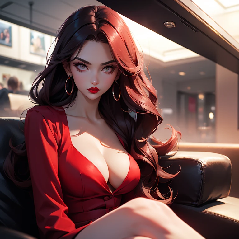 1 woman, mafiosa, mysterious, elegant, long hair, red lipstick, pretty