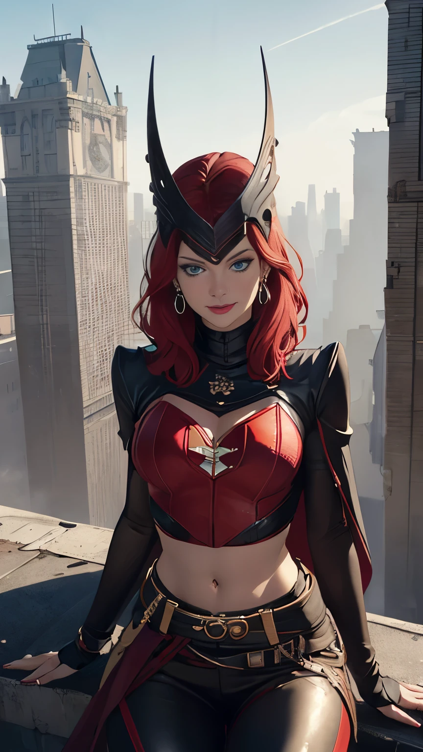 (Highly quality, masterpiece, detailed), Destroyed city detailed scenario, Destroyed city detailed background, 20 years old girl, solo, scarletWitch, blue eyes, red hair, Leather top, belt, jewelry, helmet, earrings, cape, evil smile, covered top, crop top, navel, leather pants, sitting on top of a building, perfect face, beautiful eyes, perfect eyes, looking at the viewer, Sexy pose