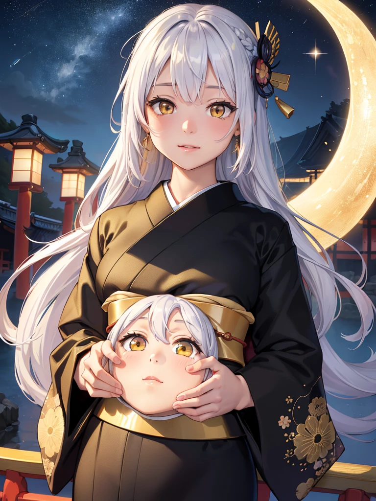 masterpiece、highest quality、High resolution、high quality images、8K, 1 female、skin luster、skin texture、Expression of fine eyes、Girl with long braided hair, realism, Detailed manga style, manga art style, perfect line drawing, beautiful line drawing, digital manga art girl, 
(beautiful golden eyes:1.5), Clear, beautiful eyes、plump lips, Detailed gorgeous face, (cute smile), charm, Front view, (perfectly detailed face), (fine hands) 、(Five fingers:1.3)、photorealistic images, Depth of written boundary, face forward , night sky , night view ，beautiful starry sky  , romanticism、(Taisho Era、japanese black and golden kimono:1.5)、(large breasts:1.35)、blush、(white Hair:1.3)、Gorgeous blue sparkling earrings、Gorgeous gold bracelet、Gorgeous gold anklets、(oblong face:1.5)、(Sparkling Glitter:1.2)、Bangs between the eyes、(portrait:1.6)
Graceful、Kyoto street、Moon Night,The beautiful old town of Kyoto、(Hands should be hidden behind the body:1.4)、Hairpin
