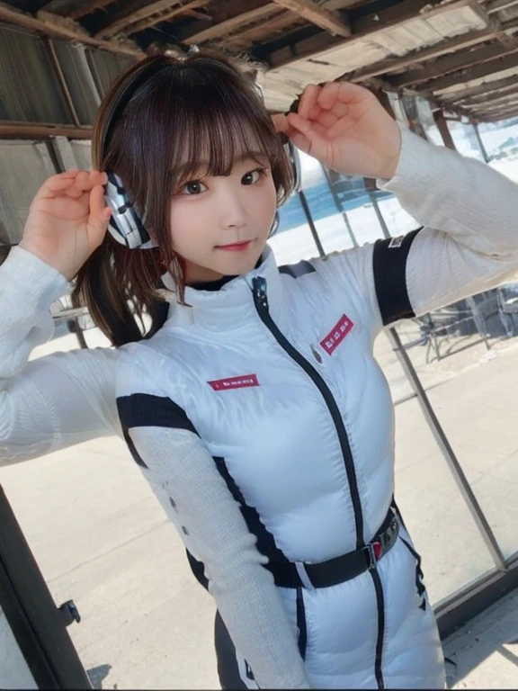 ((Detailed face, Professional photography)),
Ultra-high resolution, (Realistic: 1.4), RAW Photos, highest quality, (PhotoRealistic Stick), concentrate, Soft Light,masterpiece, highest quality, Very detailed, 8K,

BREAK
(arms behind back):5,(arms up behind):1,
(black sleeves):10,(black long tightfit sleeves)

BREAK
(headphone):10
(metallic gray astrovest),
(metallic luster  mirror finish astrovest):2,belt,

BREAK
blush:3,smile,look at viewer,(Blunt bangs),(black hair):2,(long hair):1.3
(drooping eyes),(Young Face),

BREAK
Portrait,(solo),1girl,(Caucasian):10,(android girl):1.4,Plump:0.7, 
((25 years old)), ((Japanese)), 

BREAK
(hidden hand):10,

BREAK
(Written boundary depth,futuristic space station,,space station,Bomi,neotech,bing_astronaut