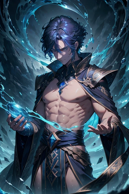 A breathtaking masterpiece portrays a water male sorcerer, showcasing top-quality CG Unity 8K Wallpapers with ultra-realistic 8kCG. The sorcerer's exquisite facial features depict a serene, cold, and naturally beautiful visage, with sharp, angular lines and beautiful, asymmetrical bangs framing his eyes. His hair, a shimmering cascade of dark blue waves, falls down to his shoulders, adding to his mysterious allure.
Standing tall and slender, he wears a form-fitting robe made of shimmering, water-like fabric, accentuating his lean body and