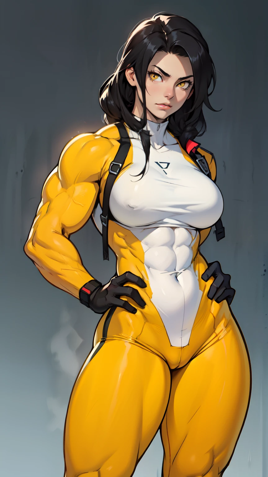 solo standing skintight ((muscular girl perfect anatomy)) toned body massive breasts yellow eyes black hair pale skin