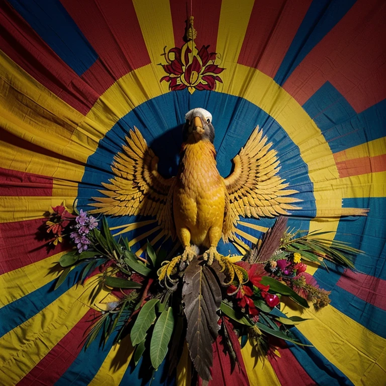 Nuevo escudo de colombia con los colores amarillo azul y rojo, un condor, una orquidea y oro sangre y agua