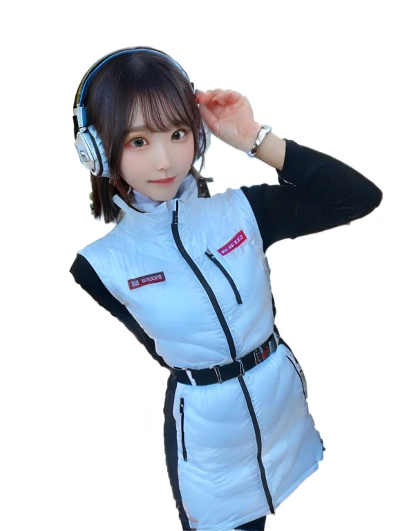 ((Detailed face, Professional photography)),
Ultra-high resolution, (Realistic: 1.4), RAW Photos, highest quality, (PhotoRealistic Stick), concentrate, Soft Light,masterpiece, highest quality, Very detailed, 8K,

BREAK
(arms behind back):5,(arms up behind):1,
(black sleeves):10,(black long tightfit sleeves)

BREAK
(headphone):10
(metallic gray astrovest),
(metallic luster  mirror finish astrovest):2,belt,

BREAK
blush:3,smile,look at viewer,(Blunt bangs),(black hair):2,(long hair):1.3
(drooping eyes),(Young Face),

BREAK
Portrait,(solo),1girl,(Caucasian):10,(android girl):1.4,Plump:0.7, 
((25 years old)), ((Japanese)), 

BREAK
(hidden hand):10,

BREAK
(Written boundary depth,futuristic space station,,space station,Bomi,neotech,bing_astronaut