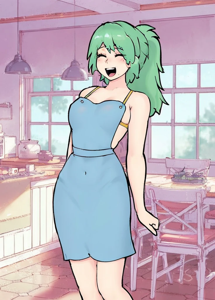 ((Masterpiece, best quality, perfect lighting, amazing shading)), perfect anatomy, perfect shading, field of depth, extremely beautiful, detailed face, ultra cute face, cute, long green hair, curly wavy hair, ponytail, shiny blue apron, naked, happy expression, closed eyes, beauty mark, kitchen background, detailed background