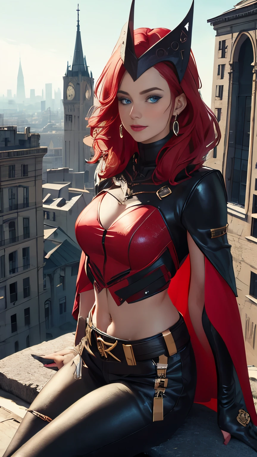 (Highly quality, masterpiece, detailed), Destroyed city detailed scenario, Destroyed city detailed background, 20 years old girl, solo, scarletWitch, blue eyes, red hair, Leather top, belt, jewelry, helmet, earrings, cape, evil smile, covered top, crop top, navel, leather pants, sitting on top of a building, perfect face, beautiful eyes, perfect eyes, looking at the viewer, Sexy pose