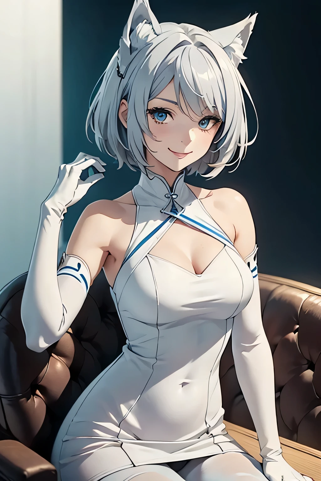 Tabletop Best image quality wonderful Attention to detail One Young Woman((Adult))Anime Style whole body White long dress(Sleeveless) White long gloves(Elbow Gloves) White pantyhose(Plain) Wolf Ears short hair((Shortcuts)(Gray Hair)(Curly Hair)(fluffy)) smile(Happy) Eye color is blue background(Hotel) Sit on a chair