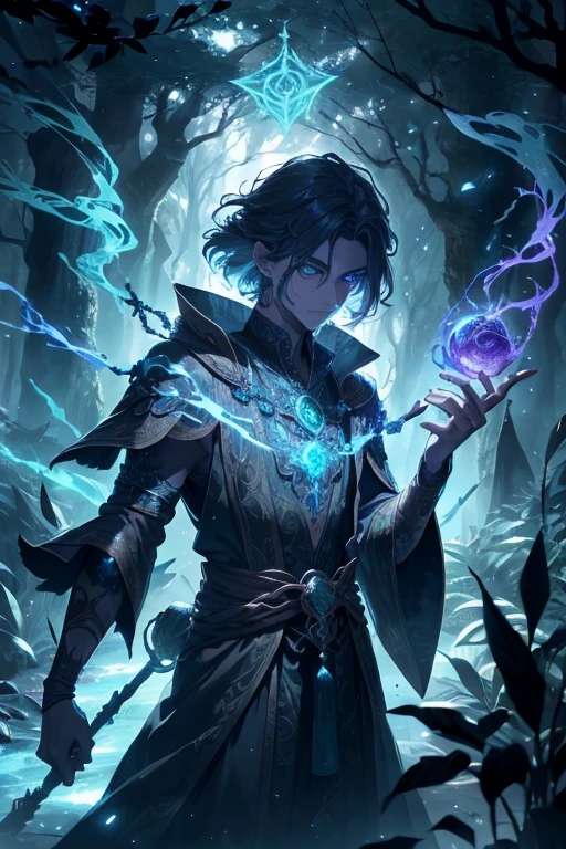 A majestic male sorcerer commands animal spirits within a mystical, otherworldly forest. The sorcerer, adorned in intricate, shimmering robes of deep emerald and twinkling gold, exudes an aura of invincibility and sophistication. His chiseled, three-dimensional features showcase a perfect face, his eyes gleaming with the wisdom of the ages.
Upon his back, he carries a staff crafted from the ancient magical wood of the forest, its surface etched with arcane symbols and swirling with a faint, ethereal glow. The staff's tip glows with an otherworldly light, casting dancing shadows upon the ground. A