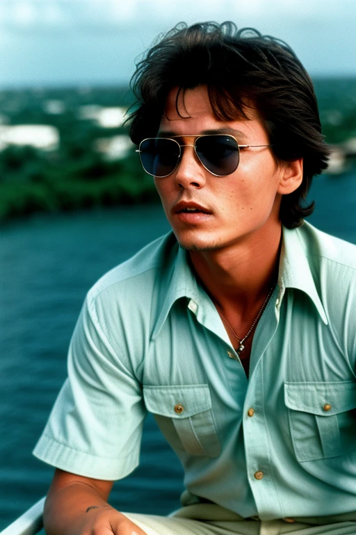 Eighteen-year-old Johnny Depp, with short hair, wearing turquoise tropical shirt and khaki pants, wearing aviator shades, scene from 1986 film, directed by Michael Mann, extremely realistic, extremely detailed, extreme realism, extreme detail, shot on 35mm film, 35mm film, film grain, cinematography by Dante Spinotti, Miami setting