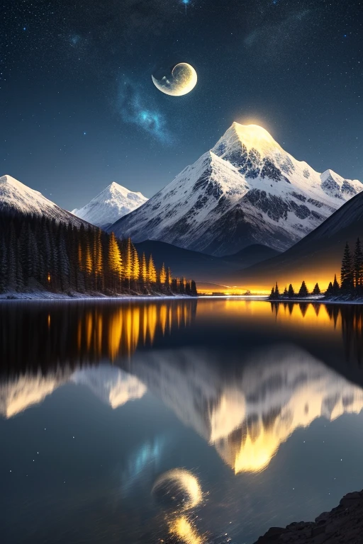 Very starry night. A giant moon behind the mountains. A tranquil lake reflecting the night. Realistic scene, detailed, photorealism, 8k vibrant colors, north lights