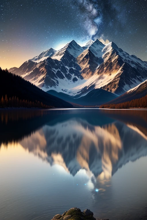Very starry night. A giant moon behind the mountains. A tranquil lake reflecting the night. Realistic scene, detailed, photorealism, 8k vibrant colors, north lights