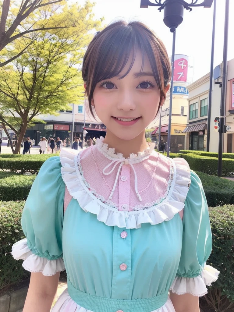 1 girl, alone, (short hair), Japanese Idols, Perfect figure, Beautiful eyes Double eyelids, Lolita Fashion, Colorful pastel color clothes, Downtown like Harajuku, smile, Upper Body, Blowing the wind, Because I&#39;m Slim,White knee-high socks,Full body portrait,(Big Breasts:1.5)