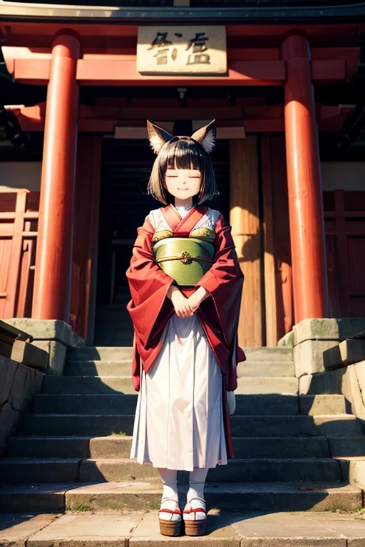 Girl with black bob hair　Fox ears　round face　A little overweight　Wearing a shrine maiden outfit　Closed eyes　looks happy　Standing on the stone steps of the shrine　Smiling　From the bottom right front
