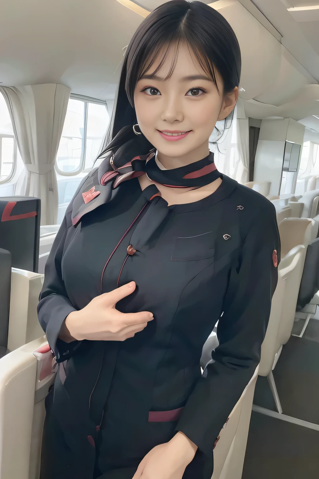 (masterpiece:1.2、highest quality:1.2)、32K HDR、High resolution、(alone、1 girl、Slim figure)、(Realistic style with JAL cabincrew uniform)、 (At the airport counter, Professional Lighting)、A proper woman, Beautiful Face,、(JAL cabincrew uniform:1.4)、(Long sleeve JAL cabin crew uniform)、(Scarf around the neck)、Big Breasts、(Long hair updo、Chignon)、Dark brown hair、Long Shot、((Fine hand:2.0))、((Harmonious body proportions:1.5))、((Normal limbs:2.0))、((Normal finger:2.0))、((Delicate eyes:2.0))、((Normal eyes:2.0)))、Beautiful standing posture、smile