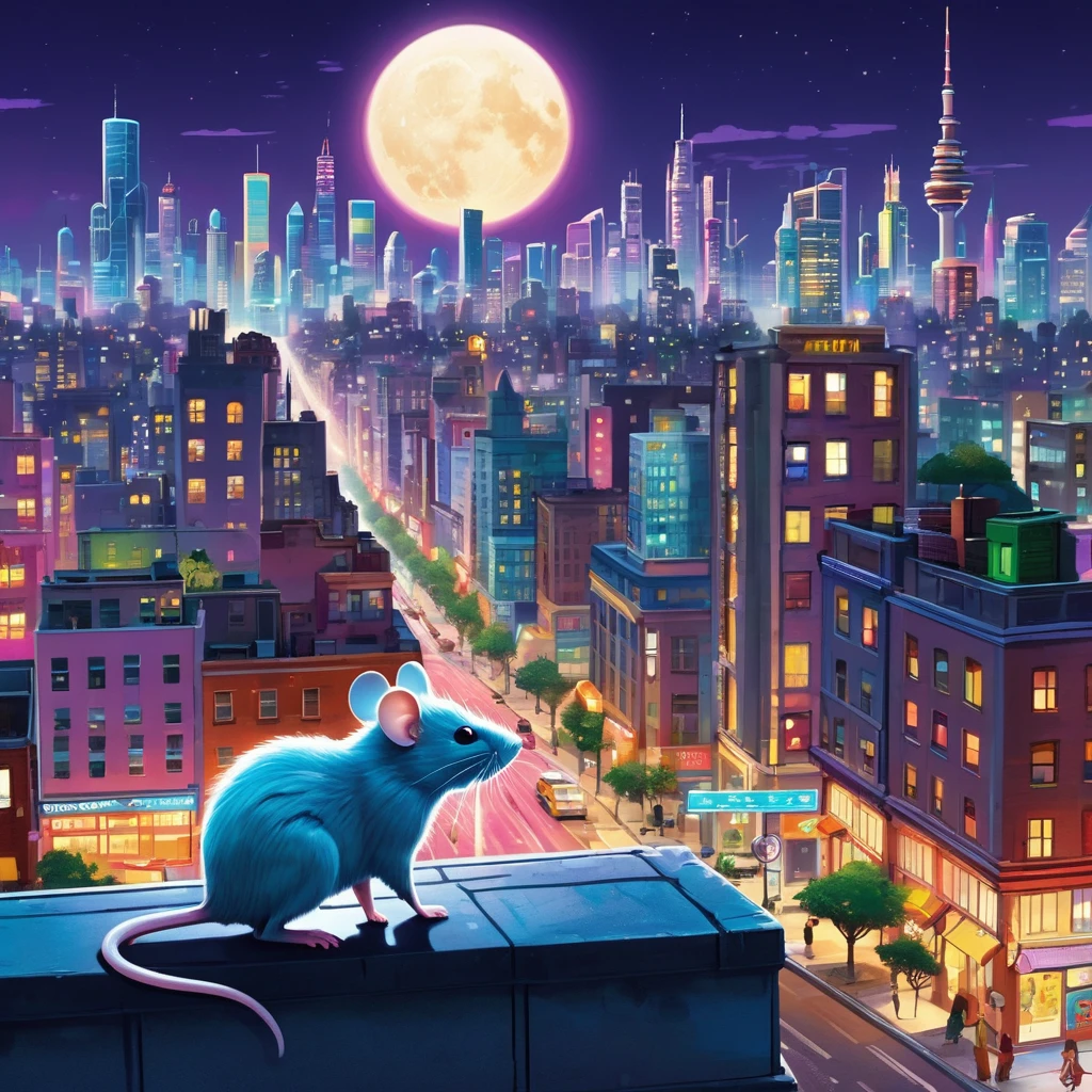 (cartoon,nighttime metropolis),mouse looking at the moon,colors:vibrant,lights:neon,ultra-detailed,city skyline,flying cars,tall buildings,impressive architecture,full moon,dimly lit streets,star-filled sky,silhouette of skyscrapers,city reflections,graffiti-covered walls,animated billboards,moonlight casting shadows,cool tones,bustling streets,expressive character,futuristic atmosphere,magical cityscape,playful art style