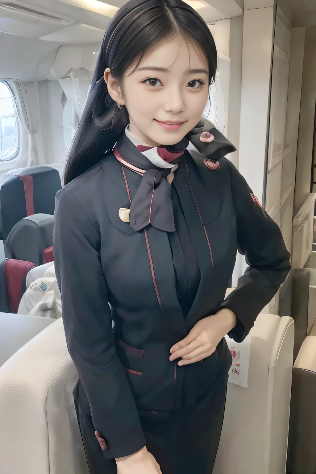 (masterpiece:1.2、highest quality:1.2)、32K HDR、High resolution、(alone、1 girl、Slim figure)、（Realistic style with JAL cabincrew uniform）、 (At the airport counter, Professional Lighting)、A proper woman, Beautiful Face,、（JAL cabincrew uniform:1.4）、（Long sleeve JAL cabin crew uniform）、（Scarf around the neck）、Big Breasts、（Long hair updo、Chignon）、Dark brown hair、Long Shot、（（Fine hand：2.0））、（（Harmonious body proportions：1.5））、（（Normal limbs：2.0））、（（Normal finger：2.0））、（（Delicate eyes：2.0））、（（Normal eyes：2.0））)、Beautiful standing posture、smile