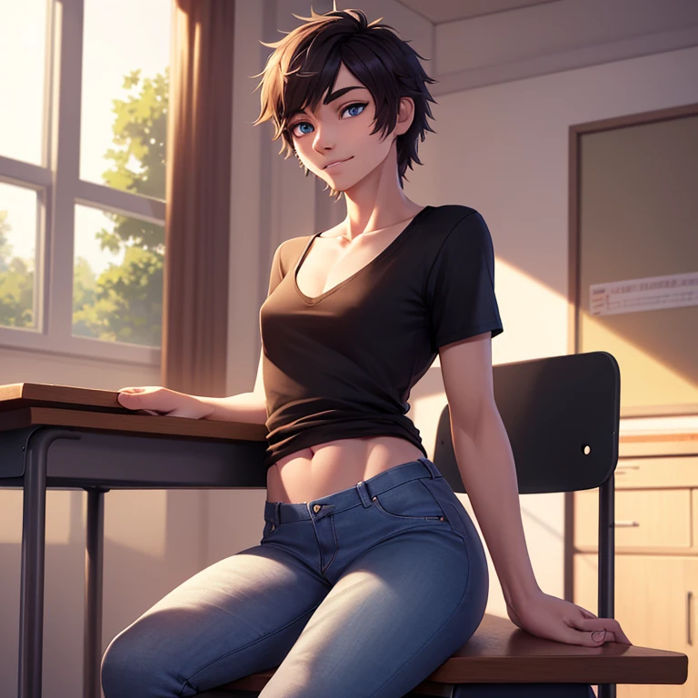 attractive trans man, cute face, slim, chin scruff, v-neck T-shirt, skinny jeans, medium breasts, erect nipples, gorgeous eyes, sitting on desk, in classroom (masterpiece, high resolution, ultra detailed eyes, ultra realistic, beautiful lighting, 4K, 8k, highly detailed)