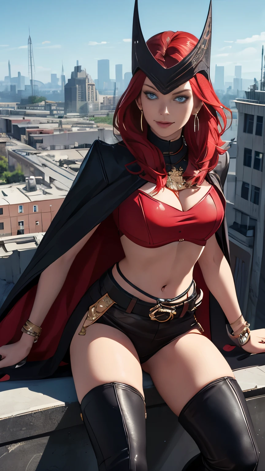 (Highly quality, masterpiece, detailed), Destroyed city detailed scenario, Destroyed city detailed background, 20 years old girl, solo, scarletWitch, blue eyes, red hair, Leather top, belt, jewelry, helmet, earrings, cape, evil smile, covered top, crop top, navel, leather pants, sitting on top of a building, perfect face, beautiful eyes, perfect eyes, looking at the viewer, Sexy pose