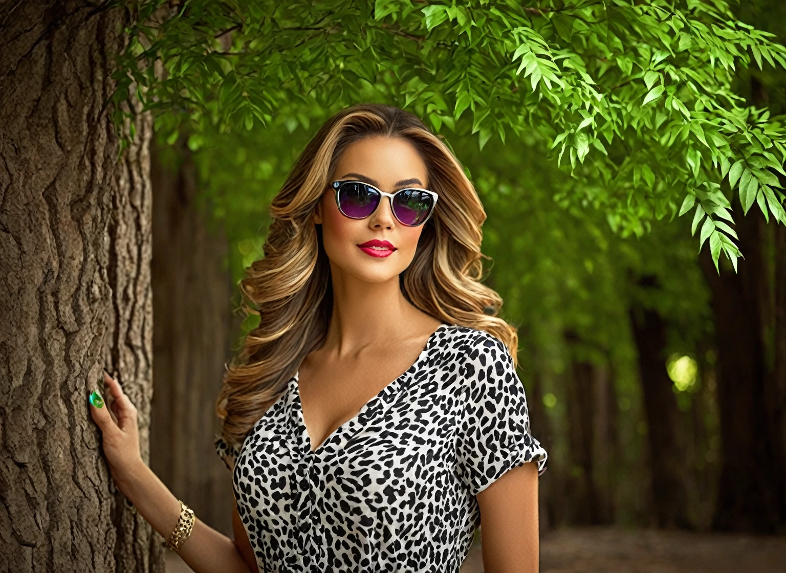 Beautiful woman, well postured, with an unparalleled beauty on her face, captivates and enchants anyone who looks at her; she wears rectangular animal print prescription glasses; beautiful dimples near the mouth, soft expression lines bringing more realism to the woman; your skin touched by sunlight makes the scene even more stunning. Her clothes are long and with mixed colors.
In the background, the ruins of an ancient temple with many entrances almost falling down, the scene is bathed by a dense forest with branches in the construction; next to the main scene, a solitary tree helps to adorn the woman's beauty.
To capture this extraordinary scene, it would be necessary to use the best camera available, equipped with high-resolution lenses and the ability to capture light in adverse conditions. A high-end digital medium format camera is recommended, such as the Phase One XF IQ4 150MP, capable of capturing incredible detail and vibrant colors even in low-light conditions. Lighting: Diffused natural lighting, softly filtered to minimize harsh shadows
Camera Settings: Medium aperture to ensure sufficient depth of field, shutter speed adjusted to freeze motion without losing detail, low ISO to minimize noise.
Composition: The model positioned centrally, standing, with an elegant and natural posture. The background is carefully selected to add visual interest without distracting from the model.
Colors: A balanced color palette, with soft, sophisticated tones that complement the model's skin and highlight her features. Pops of vibrant color can be added strategically to create focal points and add dynamism to the image.
Details: Capture crisp, precise details, from the model's wavy hair to the intricate patterns on the model's clothing. The level of detail is carefully controlled to ensure a stunning yet natural image.
