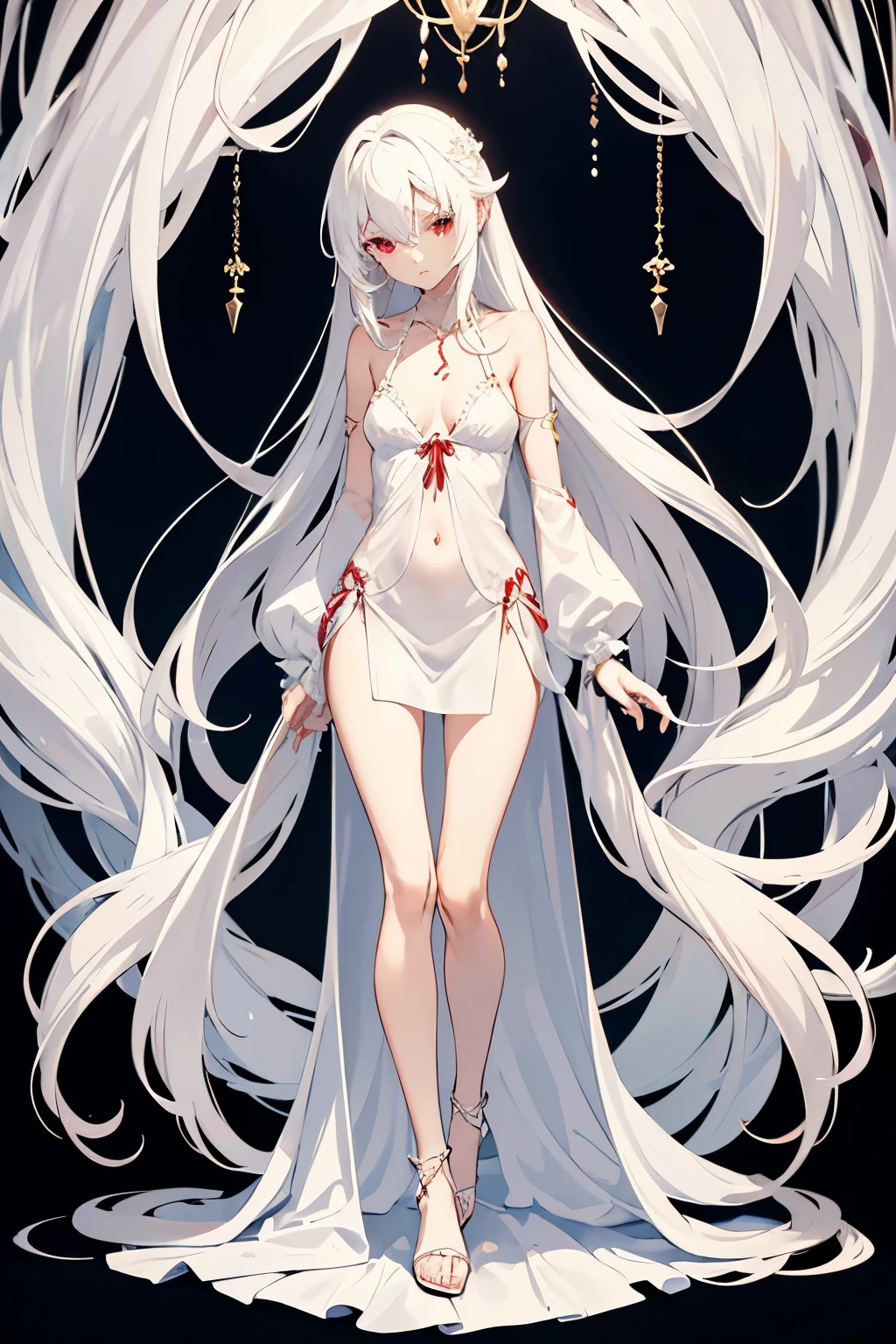 Character design, female, long white hair, wearing a short white lace dress with spaghetti straps, red eyes, small frame, very skinny, detailed, best quality, no accesoires around the neck, prominent collarbones, skinny arms, flat stomach, full body, visible hip bones, angelic