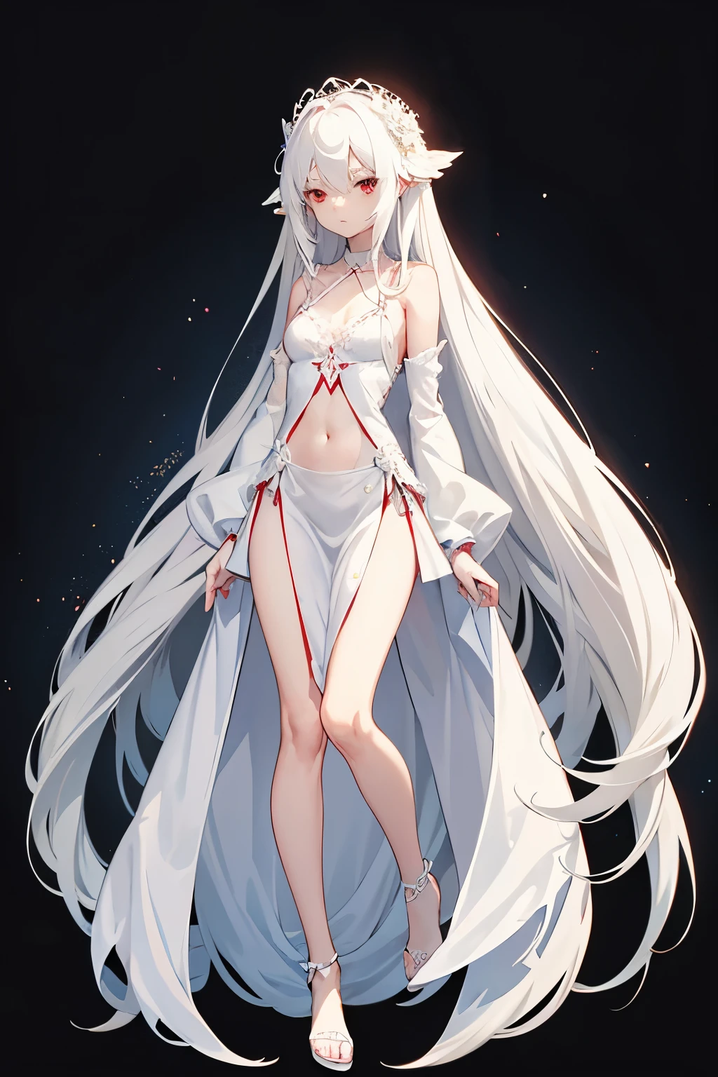 Character design, female, long white hair, wearing a short white lace dress with spaghetti straps, red eyes, small frame, very skinny, detailed, best quality, no accesoires around the neck, prominent collarbones, skinny arms, flat stomach, full body, visible hip bones, angelic