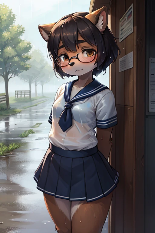 focus face , hairy racoon dog Short stature girl wearing black sports bra , (Short stature) , realistic hairy fur , round face , (tilt face:1.2) , Dull geek , (half-open eyes) , Swollen cheeks , glossy lips , flat chest , (look away:1.2) , eyewear, (neat white sailor uniform:1.1) , (see through black sports bra under uniform:0.9) , navy skirt , heavy rain , Rural bus stop , Rural Scenery , Take shelter from the rain , (Wet uniform:1.2)