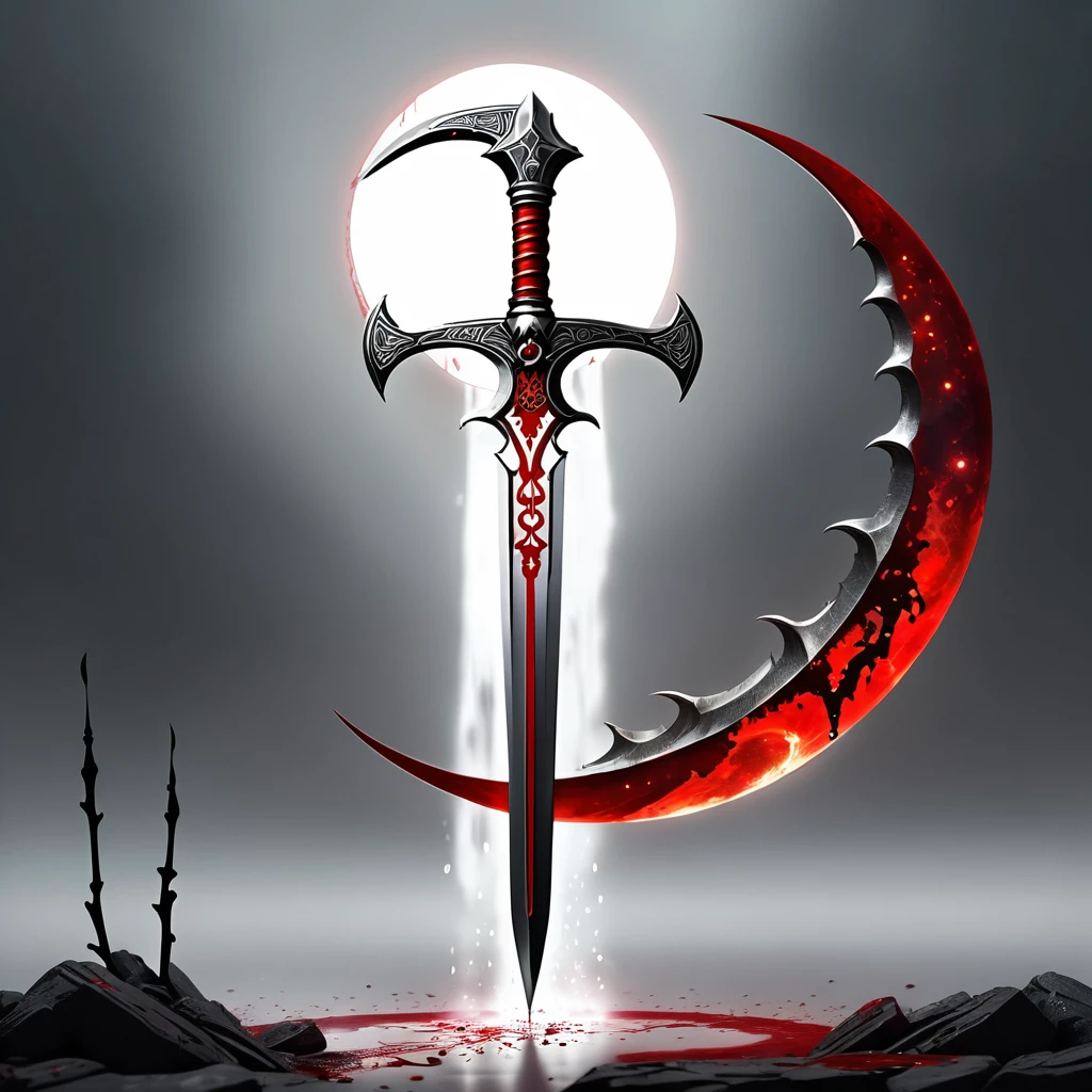 3D rendering game character design style(Best quality, 4k, 8k, high-rise, masterpiece: 1.2), ultra fine, (realistic, photo realistic, photo realistic: 1.37), crescent shaped blade, curved and sharp, complex patterns, rune blade, sparkling, skull hands holding long handles, dripping blood, blood dripping continuously, gray background, full body long shot, huge crescent sickle and red moon shining together,