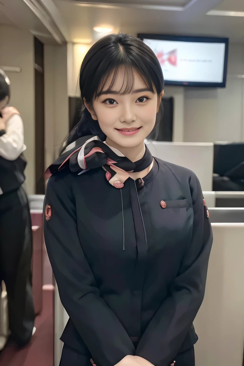 (masterpiece:1.2、highest quality:1.2)、32K HDR、High resolution、(alone、1 girl、Slim figure)、（Realistic style with JAL cabincrew uniform）、 (At the airport counter, Professional Lighting)、A proper woman, Beautiful Face,、（JAL cabincrew uniform:1.4）、（Long sleeve JAL cabin crew uniform）、（Scarf around the neck）、Big Breasts、（Long hair updo、Chignon）、Dark brown hair、Long Shot、（（Fine hand：2.0））、（（Harmonious body proportions：1.5））、（（Normal limbs：2.0））、（（Normal finger：2.0））、（（Delicate eyes：2.0））、（（Normal eyes：2.0））)、Beautiful standing posture、smile