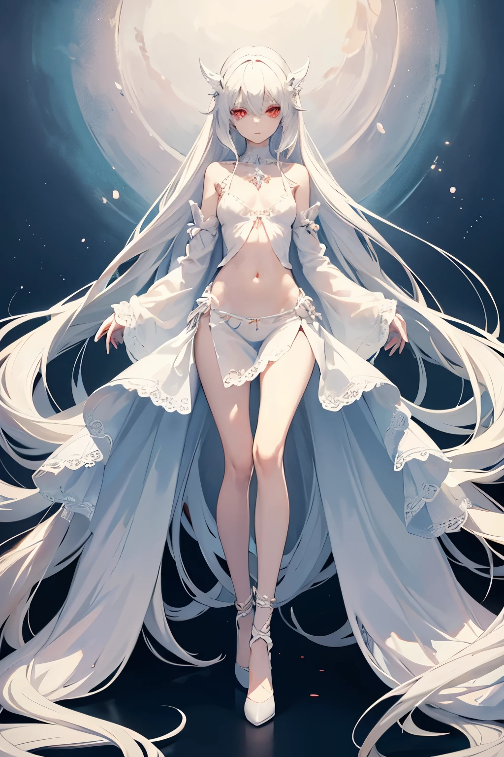 Character design, female, long white hair, wearing a short white lace dress with spaghetti straps, red eyes, small frame, very skinny, detailed, best quality, no accesoires around the neck, prominent collarbones, skinny arms, flat stomach, full body, visible hip bones, angelic