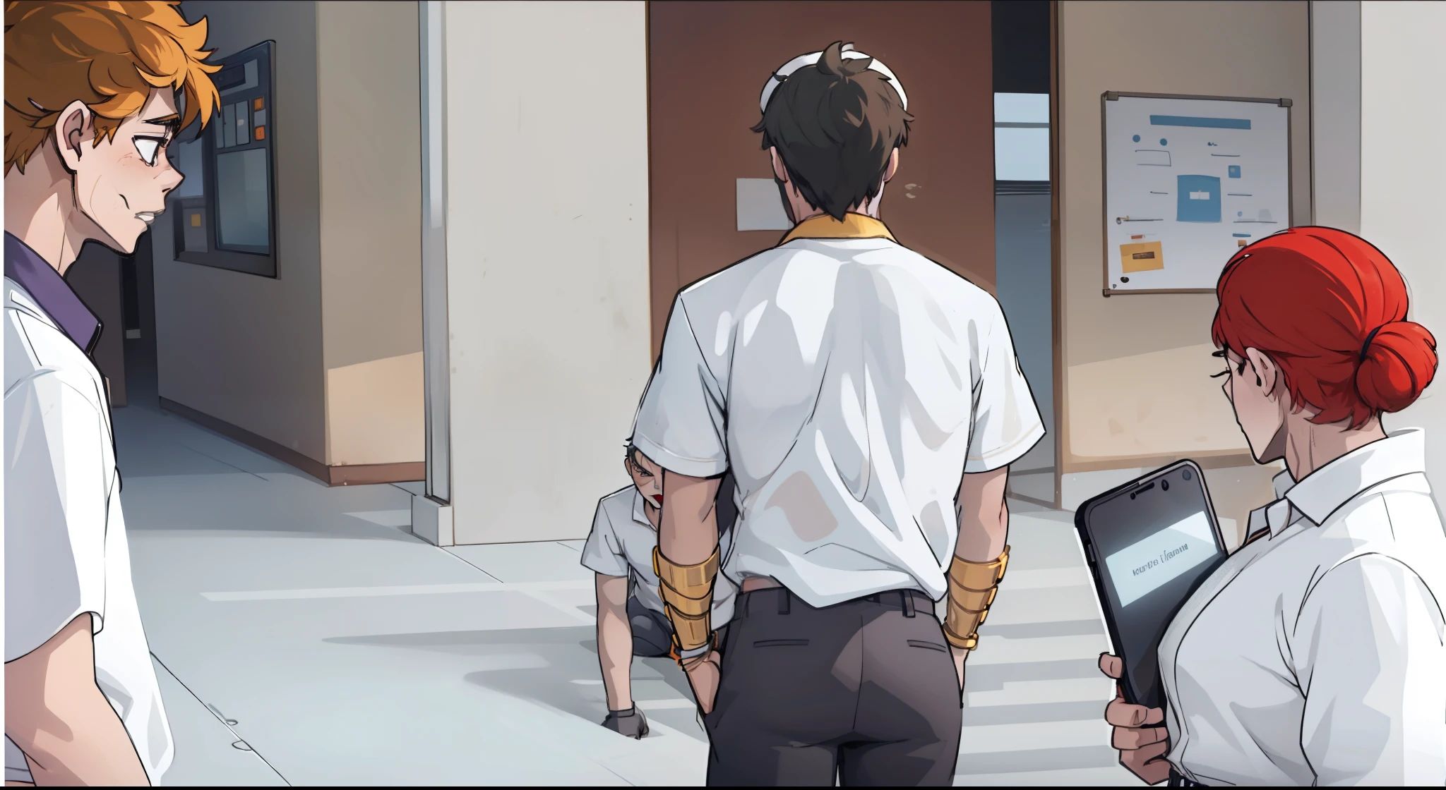 two -yeld mastudents have gold bracelets on their arms, the young man is angry and yells at them