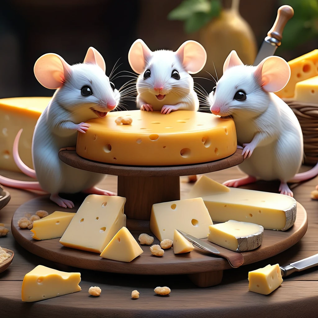 cute mice eating cheese in a roundtable,(best quality,4k,8k,highres,masterpiece:1.2),ultra-detailed,(realistic,photorealistic,photo-realistic:1.37),illustration,interesting texture,meticulous brushwork,vibrant colors,playful atmosphere,soft lighting,furry little creatures,multiple mice with adorable expressions,various angles,delicate whiskers,roundtable made of wood,cheese platter with a variety of cheeses,crumbs scattered on the table,detailed dining accessories,antique-looking chairs around the table,cheese knife and cheese board,attention to small details,charming dining scene,enjoying each other's company,cheeky expressions on the mice's faces,mice captured in a lifelike manner,enthusiastically eating cheese,sense of camaraderie,heartwarming environment,natural lighting,subtle shadows,texture of the mice's fur,expressive eyes capturing innocence and curiosity,colorful and eye-catching palette,captivating composition.