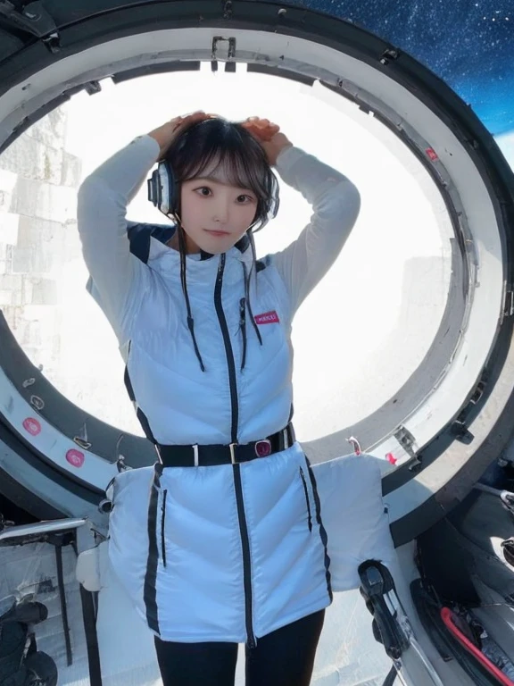 ((Detailed face, Professional photography)),
Ultra-high resolution, (Realistic: 1.4), RAW Photos, highest quality, (PhotoRealistic Stick), concentrate, Soft Light,masterpiece, highest quality, Very detailed, 8K,
BREAK
(arms behind back):5,(arms up behind):1,
(black sleeves):10,(black long tightfit sleeves)
BREAK
(headphone):10
(metallic gray astrovest),
(metallic luster mirror finish astrovest):2,belt,
BREAK
blush:3,smile,look at viewer,(Blunt bangs),(black hair):2,(long hair):1.3
(drooping eyes),(Young Face),
BREAK
Portrait,(solo),1girl,(Caucasian):10,(android girl):1.4,Plump:0.7,
((25 years old)), ((Japanese)),
BREAK
(hidden hand):10,
BREAK
(Written boundary depth,futuristic space station,,space station,Bomi,neotech,bing_astronaut