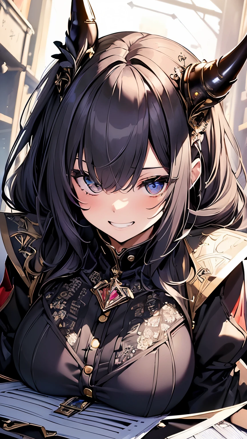 ((((masterpiece, highest quality, Super detailed, very_expensive_solve, big_file size, Full Color)))), One girl, Grin, Devil horns, Devil&#39;s Wings, red sparkle in the eyes, ((Super detaileded eyes)), Sticking out tongue, ((Cute Breasts)), Close one eye, Contrast:red,black, 