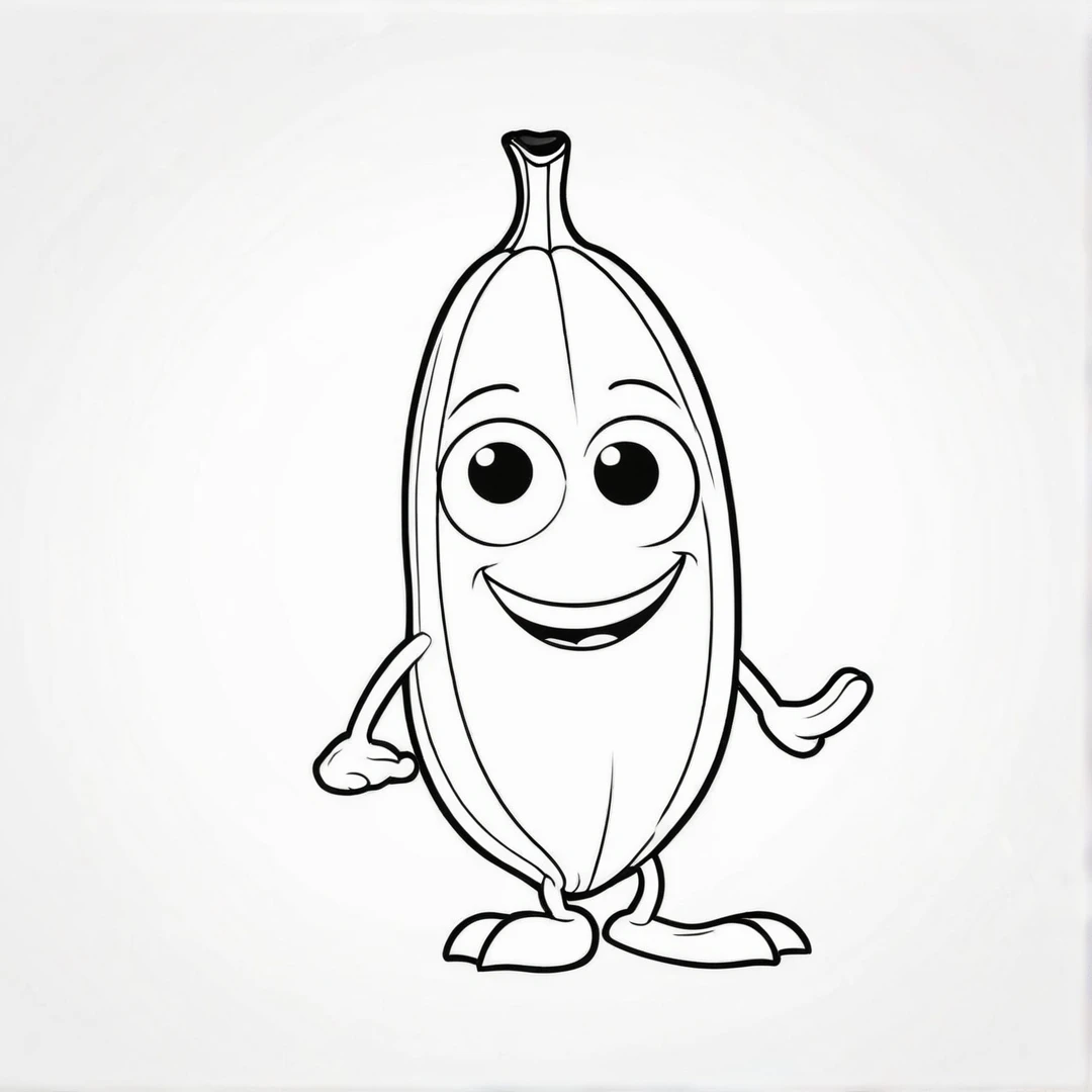 little sweetness and adorable banana, first simple coloring page for small children, Happy, smiling, kein Hintergrund, Vektorgrafiken, minimalistisch, Vektor 2d, black lines White background, Coloring page for beginners, Vektorillustration, Bleistiftstriche, keine Farbe, Zeichnung zum Ausmalen, White background, Pixar-Stil, Black and white