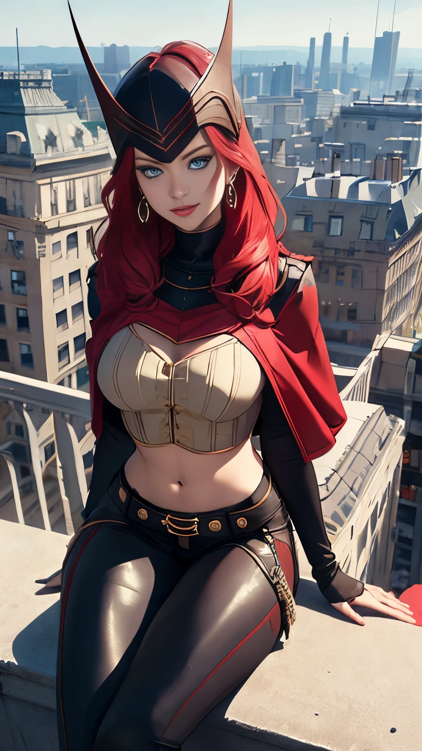 (Highly quality, masterpiece, detailed), Destroyed city detailed scenario, Destroyed city detailed background, 20 years old girl, solo, scarletWitch, blue eyes, red hair, Leather top, belt, jewelry, helmet, earrings, cape, evil smile, covered top, crop top, navel, leather pants, sitting on top of a building, perfect face, beautiful eyes, perfect eyes, looking at the viewer, Sexy pose