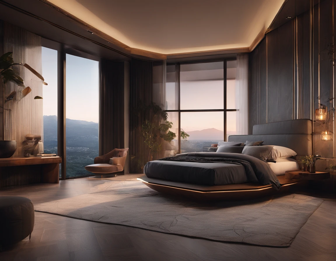 Visualize an exquisitely detailed modern bedroom with a dark-themed aesthetic. Envision sleek furniture, matte textures, and ambient lighting casting atmospheric shadows. Pay attention to minute details like the grain of wood, subtle reflections on surfaces, and the interplay of light and shadow.

Immerse the room in a dark color palette, utilizing deep tones to create a sense of sophistication and mystery. Incorporate elements like minimalist décor, abstract art, or subtle patterns on furnishings to add complexity without overwhelming the scene.

Now, imagine the bedroom at the golden hour, with warm sunlight streaming through large, strategically placed windows. The view from these windows should be nothing short of spectacular—perhaps an urban skyline, serene landscape, or a combination of both. Capture the warm hues of the golden hour bathing the room in a soft, ethereal glow, creating a captivating contrast with the dark interior.

Consider the details outside the windows: distant city lights, the sun setting on the horizon, or natural elements that add depth to the view. Highlight the transitional moment of the golden hour, where the interplay of light and dark creates a unique and enchanting atmosphere within the room.

This prompt aims to inspire a highly detailed depiction of a dark-themed modern bedroom with a spectacular view during the golden hour, blending sophistication, mystery, and the warmth of natural light.