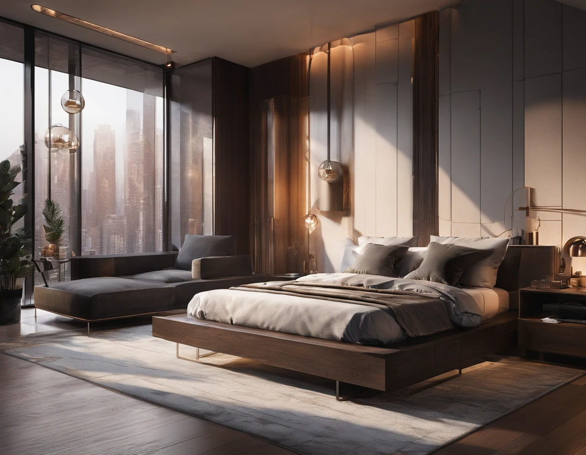 Visualize an exquisitely detailed modern bedroom with a dark-themed aesthetic. Envision sleek furniture, matte textures, and ambient lighting casting atmospheric shadows. Pay attention to minute details like the grain of wood, subtle reflections on surfaces, and the interplay of light and shadow.

Immerse the room in a dark color palette, utilizing deep tones to create a sense of sophistication and mystery. Incorporate elements like minimalist décor, abstract art, or subtle patterns on furnishings to add complexity without overwhelming the scene.

Now, imagine the bedroom at the golden hour, with warm sunlight streaming through large, strategically placed windows. The view from these windows should be nothing short of spectacular—perhaps an urban skyline, serene landscape, or a combination of both. Capture the warm hues of the golden hour bathing the room in a soft, ethereal glow, creating a captivating contrast with the dark interior.

Consider the details outside the windows: distant city lights, the sun setting on the horizon, or natural elements that add depth to the view. Highlight the transitional moment of the golden hour, where the interplay of light and dark creates a unique and enchanting atmosphere within the room.

This prompt aims to inspire a highly detailed depiction of a dark-themed modern bedroom with a spectacular view during the golden hour, blending sophistication, mystery, and the warmth of natural light.