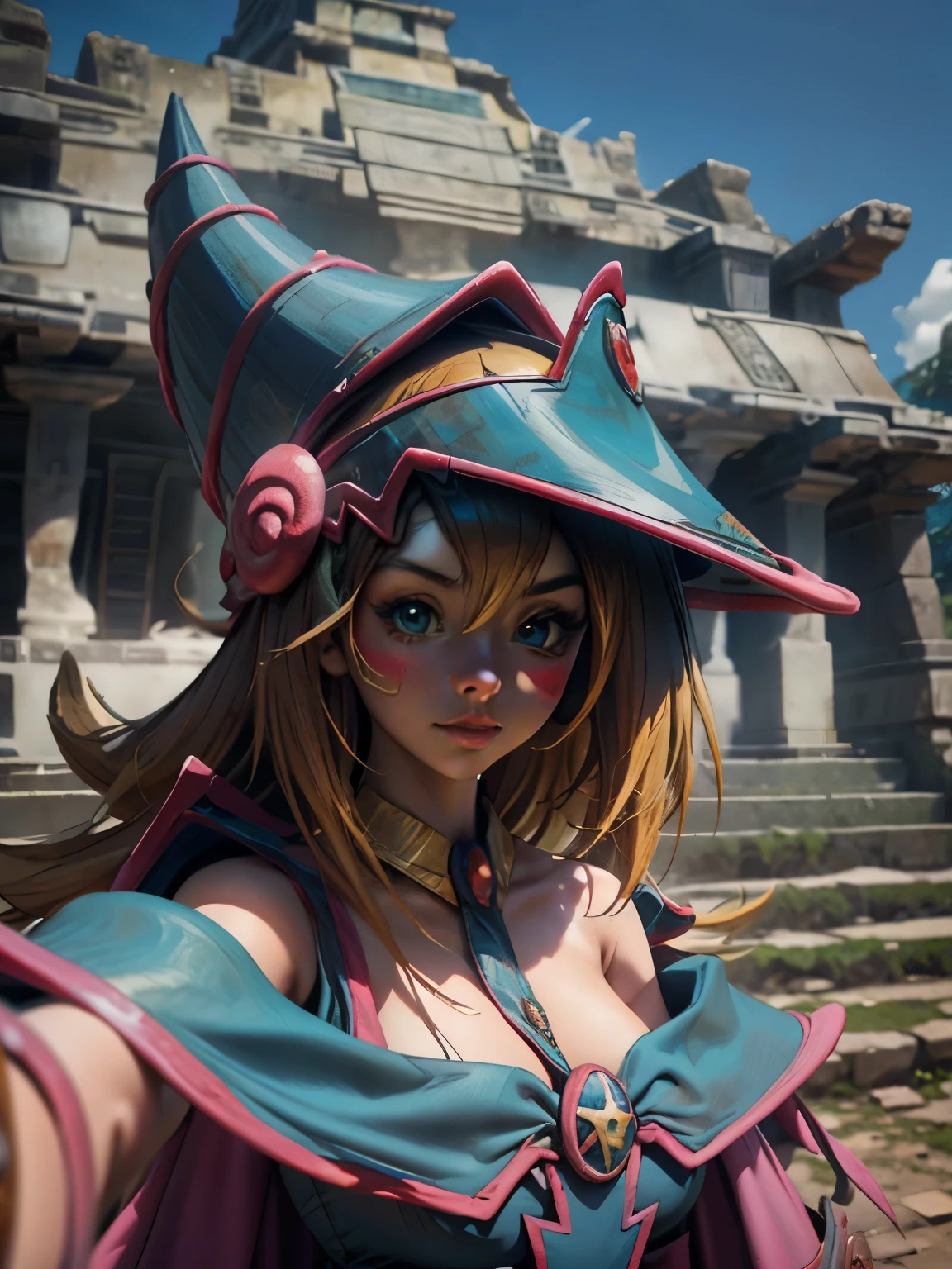 Dark magician taking a selfie at a Mayan ruins. Ella tiene cabello rubio. ojos azules. Labios rojos. Se toma una selfies en unas ruinas mayas. Selva y jaguares a si alrededor