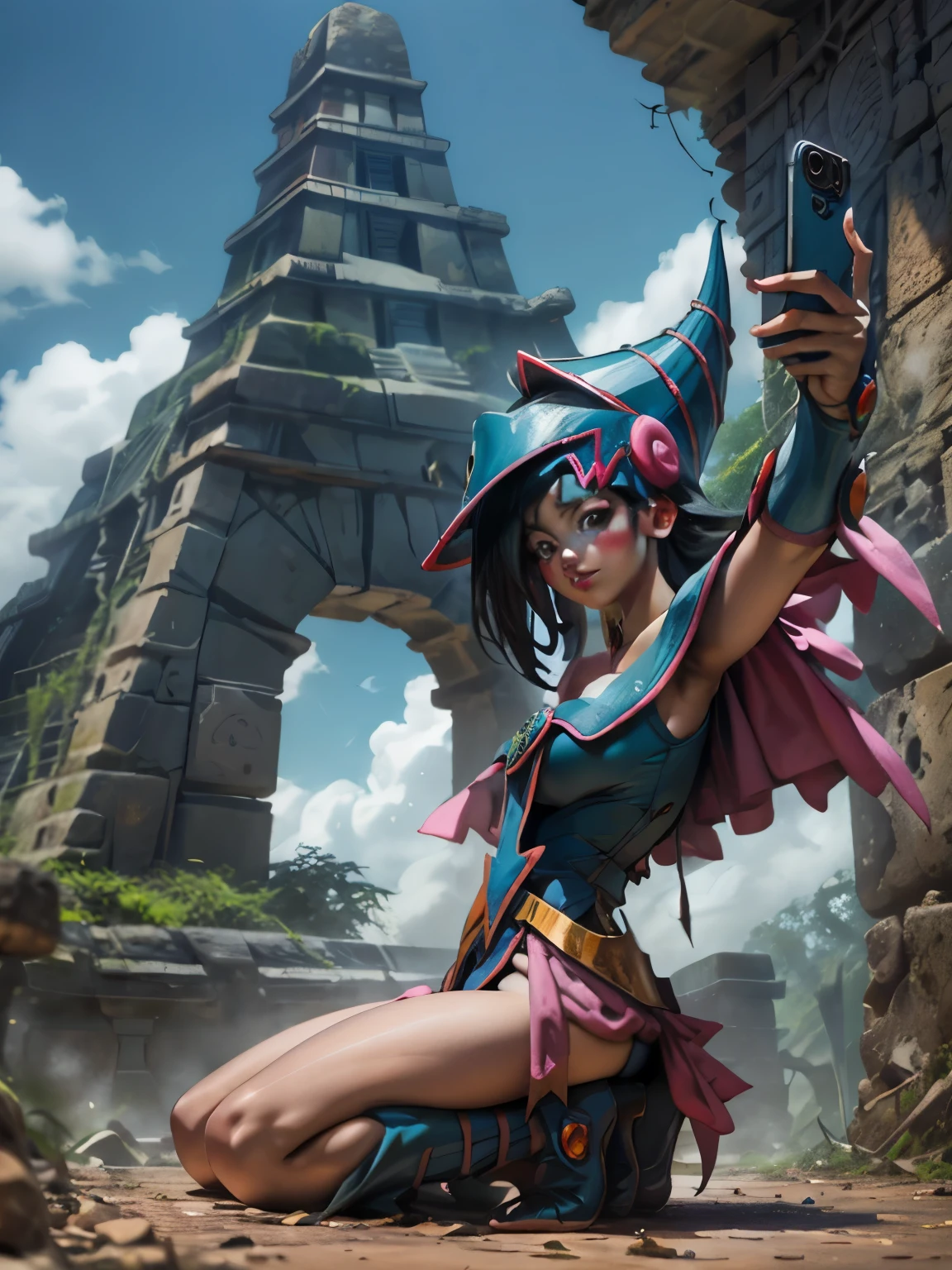 Dark magician taking a selfie at a Mayan ruins. Ella tiene cabello rubio. ojos azules. Labios rojos. Se toma una selfies en unas ruinas mayas. Selva y jaguares a si alrededor