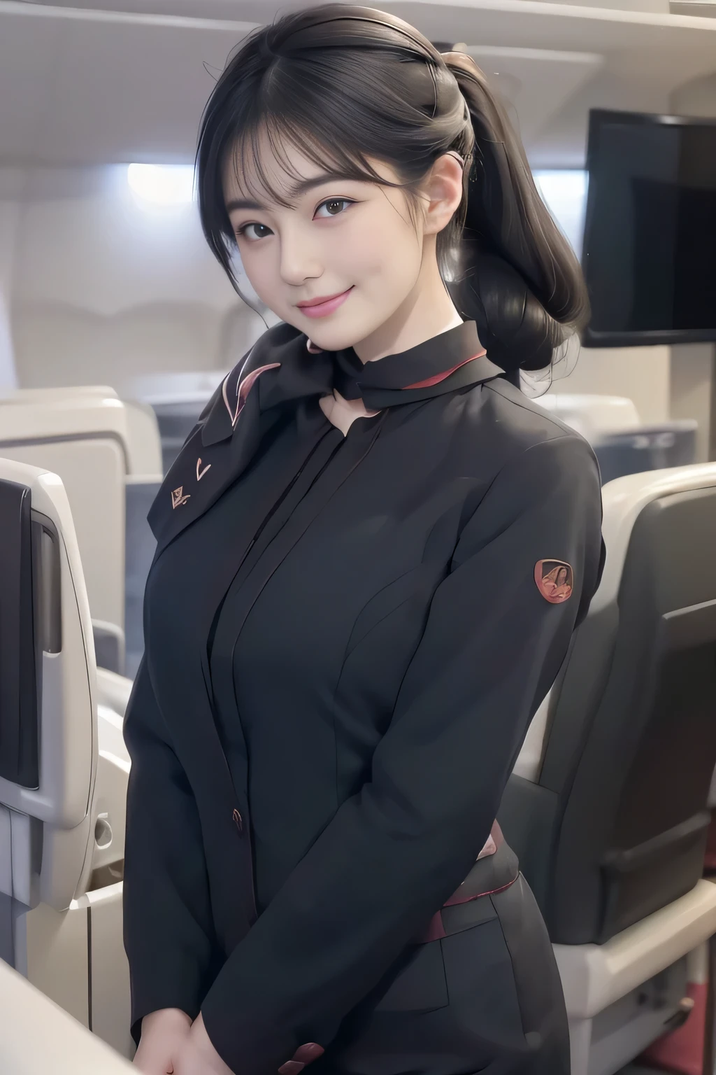 (masterpiece:1.2、highest quality:1.2)、32K HDR、High resolution、(alone、1 girl、Slim figure)、（Realistic style with JAL cabincrew uniform）、 (At the airport counter, Professional Lighting)、A proper woman, Beautiful Face,、（JAL cabincrew uniform:1.4）、（Long sleeve JAL cabin crew uniform）、（Scarf around the neck）、Big Breasts、（Long hair updo、Chignon）、Dark brown hair、Long Shot、（（Fine hand：2.0））、（（Harmonious body proportions：1.5））、（（Normal limbs：2.0））、（（Normal finger：2.0））、（（Delicate eyes：2.0））、（（Normal eyes：2.0））)、Beautiful standing posture、smile