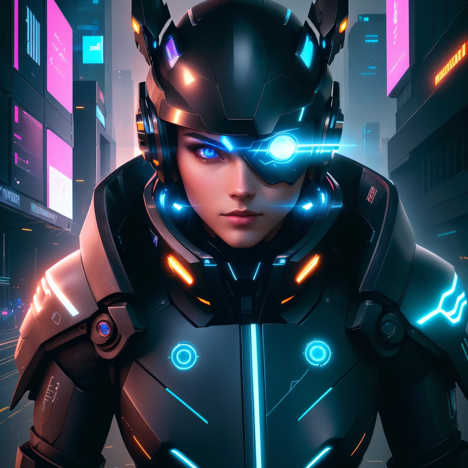 Shiny blue cybernetic eyes, digital painting, futuristic, vibrant colors, neon lights, detailed facial features, metallic texture, cyberpunk atmosphere, high-tech cityscape, reflection on the visor, glowing LED lights, holographic projections, cybernetic enhancements, sleek and modern design, urban environment, advanced technology, artificial intelligence, augmented reality, immersive virtual reality, cutting-edge cybernetics, intense focus, interactive user interface, data streams, intricate circuitry, seamless integration of human and machine, high-resolution rendering, realistic details, 8K resolution, professional artwork.