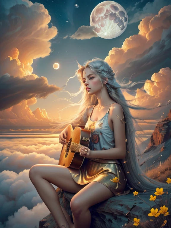 abstract painting art, 8k poster, full body, golden flowers, beautiful girl sitting on the edge of the cliff observing the distant horizon, golden eyes, garden, golden eyes, long hair blown by the wind, front view of female body, bronze hair metallic, red cloud sunset, night light, depth of valley seen from above with a lake and distant mountains, abstract oil painting, a girl well focused on the scene, (((girl plays guitar))), overexposure, overexposure art, surreal art, fantasy, abstract art of a woman in a mountain landscape, 8k poster, full body, gold and silver flowers, evening light, (((girl plays guitar))), (((giant full moon next to the sun, ))), (((musical signs in the clouds))), ((((long hair loose in the air, abstract hair molded into musical symbols, musical score thrown into the clouds, surreal art)))), high 8k resolution poster, gold and silver erflies, ((short dress, tank top)), ((transparent t-shirt)), ((mini skirt)), ((bare feet) )), ((bare feet) )),