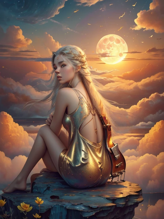 abstract painting art, 8k poster, full body, golden flowers, beautiful girl sitting on the edge of the cliff observing the distant horizon, golden eyes, garden, golden eyes, long hair blown by the wind, front view of female body, bronze hair metallic, red cloud sunset, night light, depth of valley seen from above with a lake and distant mountains, abstract oil painting, a girl well focused on the scene, (((girl plays guitar))), overexposure, overexposure art, surreal art, fantasy, abstract art of a woman in a mountain landscape, 8k poster, full body, gold and silver flowers, evening light, (((girl plays guitar))), (((giant full moon next to the sun, ))), (((musical signs in the clouds))), ((((long hair loose in the air, abstract hair molded into musical symbols, musical score thrown into the clouds, surreal art)))), high 8k resolution poster, gold and silver butterflies, ((short dress, tank top)), ((transparent t-shirt)), ((mini skirt)), ((bare feet) )), ((bare feet) )),