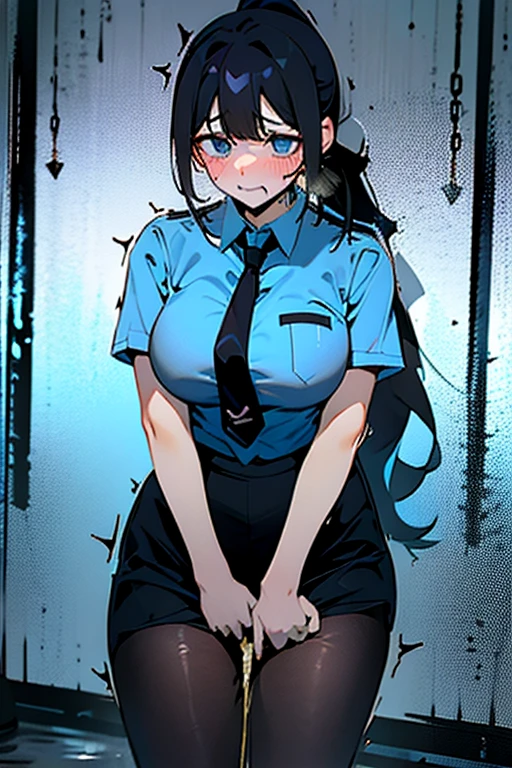 Only One Woman、Black Hair、Long Hair、ponytail、Large Breasts、（Police Officer、Light blue business shirt、Dark blue tie、Dark blue tight skirt、、Black tights、Black Loafers）、(((Incontinent))), (((Peeing))), (((Peeing on your own))), (Pee drips from the crotch), Pee stains, puddle、（squat、Spread your legs、Handcuffs、Bound in chains）、（Humiliated、anger）