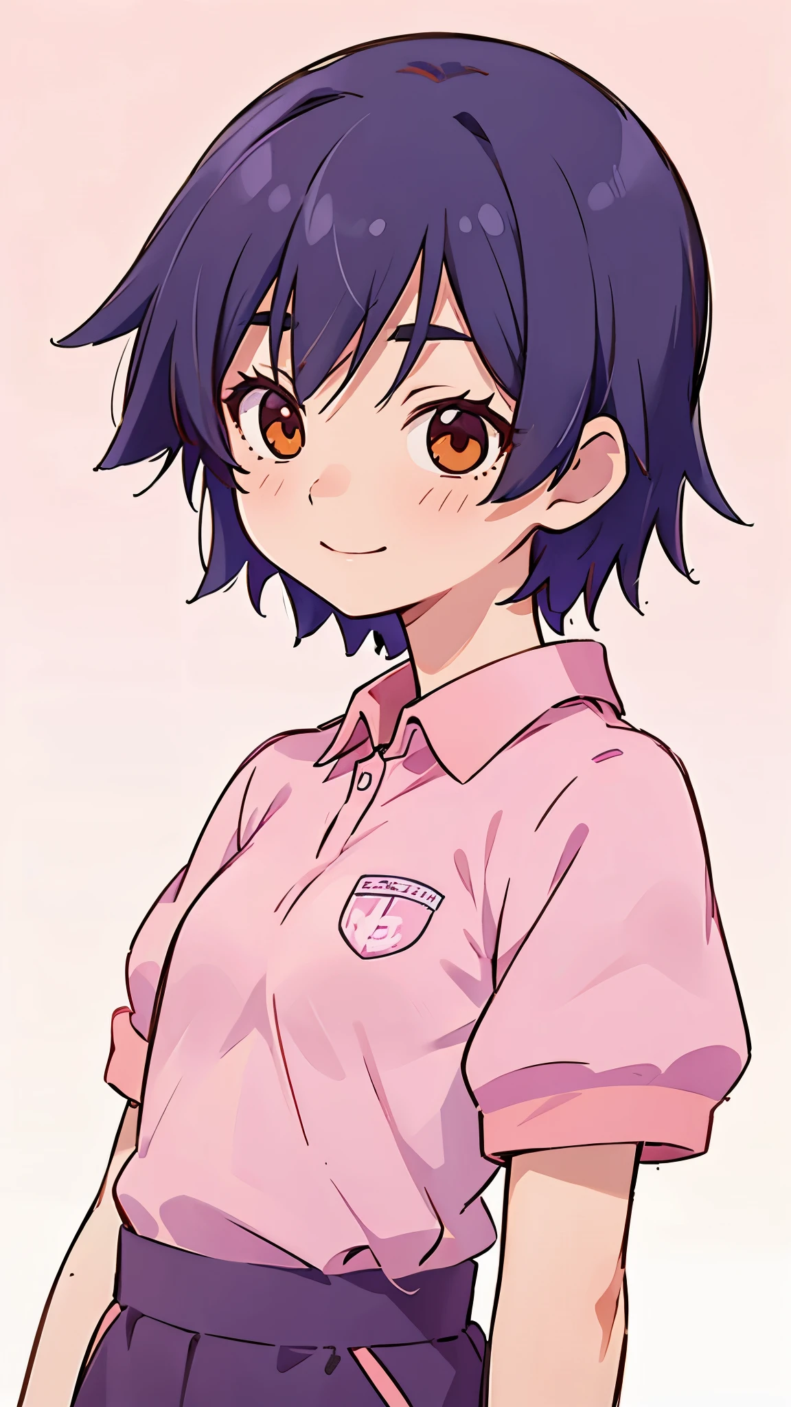 1 girl、anime painting、Indigo Hair、Boyish short cut、Beautiful brown eyes、Vibrant colors、Pink polo shirt、smile、Upper body close-up、Side body、Stadium stand background