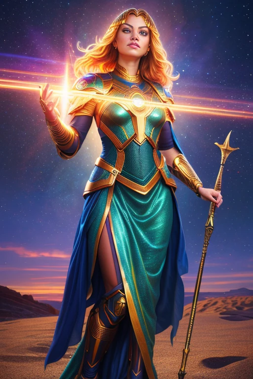a realistic digital painting of (Emma Stone:1.0), In the sands of a timeless realm, a female human, representing an immaterial force akin to Anubis (photorealistic:1.35), balances the scales of life and death. Her stern face, marked by (mystical, timeless makeup:1.2), echoes her eternal duty. She wields a staff etched with (glowing ancient symbols:1.2), standing as the judge of souls. The timeless realm and her godly bearing capture her divine authority , Beachy waves with a slightly tousled, carefree vibe. wearing (As female Teal'c from Stargate SG-1, conceive a captivating piece in stunning 8K quality. Dress her in the traditional Jaffa warrior garb, complete with golden emblem and staff weapon. Place her in the training room at the SGC, engaged in a fierce training session. The vivid colors and attention to detail will create a truly powerful representation of this formidable character.:1.2) , (She stands tall, one foot slightly in front of the other for balance. Both arms are stretched wide, exuding confidence. Her gaze is directed upward, symbolizing ambition and aspiration.:1.1) ,(striking contrast,concept art,ethereal,intricately designed,A mesmerizing, hyper-realistic portrayal,global illumination,hyperrealism,best quality,lifelike textures,fantasy art,Dramatic,Photorealistic Painting,masterpiece,unforgettable illustration,dramatic lighting,atmospheric lights,trending on ArtStation,realistic lighting,award-winning digital painting,cinematic lighting,cinematic,atmospheric lighting:1.2), glasstech, transparent, scifi